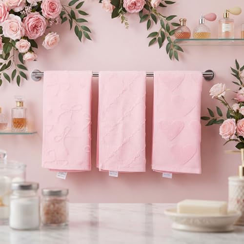 Hahafelt 3 Pack Pink Bow Hand Towels Heart Bathroom Towels 100% Cotton Soft Absorbent Decorative Jacquard Weave Gifts for Kitchen Bathroom Decor, 29.5 x 13.7 Inch - style: pink bow