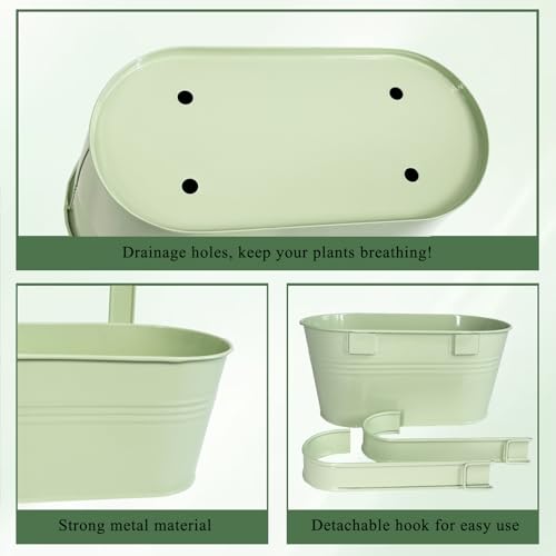 6 Pack 10" Balcony Hanging Metal Fence Planters Flower Pots, Mint Green | Removable hook, Drainage hole, Rustproof, For flowers / herbs / succulents, veggies, For railings / fences / balconies - color: Mint Green