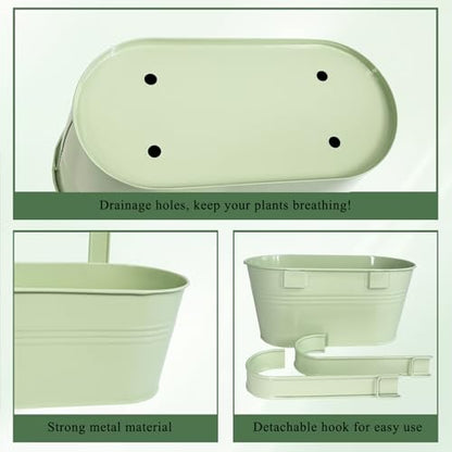 6 Pack 10" Balcony Hanging Metal Fence Planters Flower Pots, Mint Green | Removable hook, Drainage hole, Rustproof, For flowers / herbs / succulents, veggies, For railings / fences / balconies - color: Mint Green