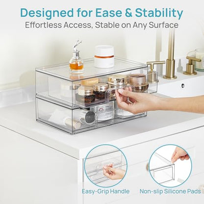 Vtopmart Clear Stackable Storage Drawers, 4 Pack Wide Plastic Organizers | Clear Pull-Out Plastic Drawers, Stackable Design for Makeup Palettes, Cosmetics, Beauty Supplies, Vanity, Cabinet and Desk - style: 4pack Wide