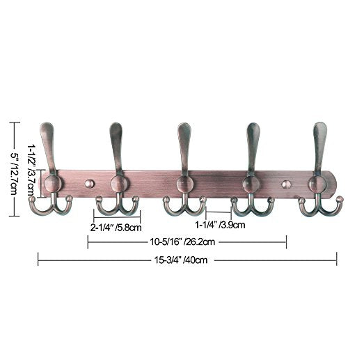 Wall Mounted Coat Rack - 5 Tri Hooks, Heavy Duty, Stainless Steel, Metal Coat Hook Rail for Coat Hat Towel Purse Robes Mudroom Bathroom Entryway (Antique Copper, 2 Packs) - color: Antique Copper, size: L=16" (2 Pcs)