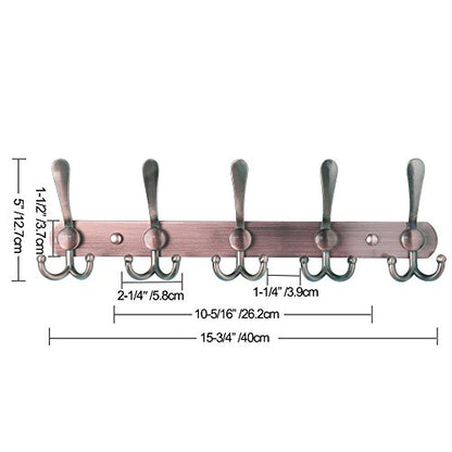 Wall Mounted Coat Rack - 5 Tri Hooks, Heavy Duty, Stainless Steel, Metal Coat Hook Rail for Coat Hat Towel Purse Robes Mudroom Bathroom Entryway (Antique Copper, 2 Packs) - color: Antique Copper, size: L=16" (2 Pcs)