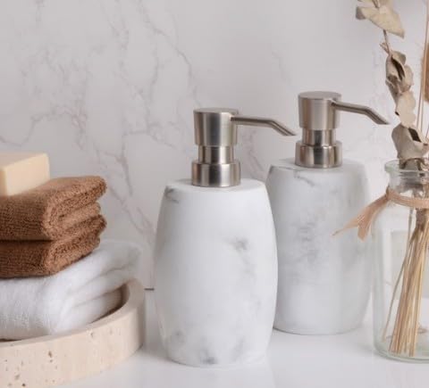 Clasin Home Resin Soap Dispenser Set 2, Refillable Hand Soap Dispenser with White Marble Look and Metallic Pump, Kitchen, Bathroom, Waterproof Labels (12 Oz) - color: White_2 Pcs