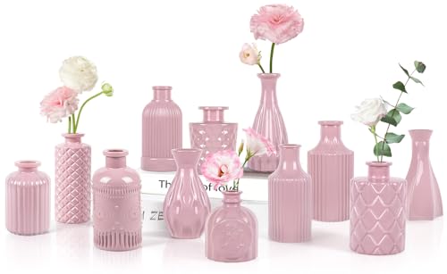 12 Pcs Blush Pink Glass Bud Vase Set | Mini, Vintage, For Flowers, Centerpieces, Wedding & Home Décor - color: Blush Pink-12pcs, size: 12Pcs