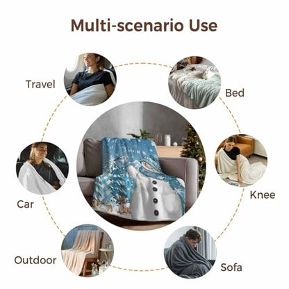 Blue Snowman Throw Blanket, Let Snow Christmas Super Soft Warm Flannel Blankets for Bed Couch Sofa Pine Trees Bird Winter Snow Scene Animal Lightweight Fluffy Plush Bed Throws 40x50 Inch - color: Blue White, size: 40''x50''
