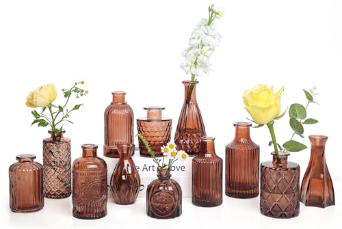 12-Piece Glass Bud Vase Set – Small Caramel Coffee Brown | Etched Glass Vases with Unique Shapes and Weighted Base for Windowsills, Bathrooms, and Table Centerpiece Décor - color: Brown-12pcs, size: 12Pcs