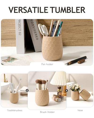 Toothbrush Holder, Tooth Brush Holder for Bathroom - Ceramic Toothbrush Cup Toothbrush Holders Countertop, Khaki Makeup Brush Holder Pen Holder, 3.62" x 3.62" x 3.93", ANTIS'S HOME - color: Khaki, size: Honeycomb
