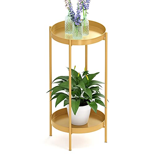 2 Tier Plant Stand Indoor Outdoor - 10.5in Width 24in Tall Flower Pot Rack | Heavy Duty Metal Plant Table Planter Display Shelf For Home Garden Patio Bathroom Office Living Room Balcony Corner Gold - color: Gold
