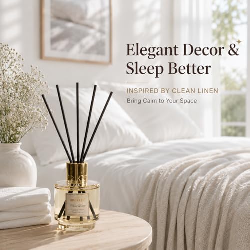 Reed Diffuser Set with Refill & 8 Reed Sticks, 6.96 fl oz Clean Linen Home Fragrance, Long Lasting Aromatherapy Diffuser for Bedroom, Bathroom & Living Room