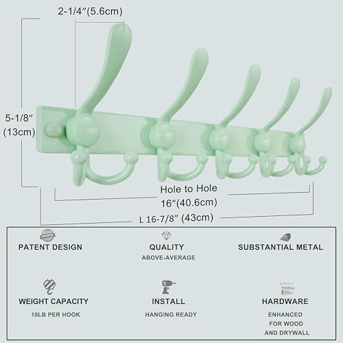 Coat Rack Wall Mount, Heavy Duty 12-Gauge Base vs Flimsy 1mm, Double-Thick Solid Anti-Snap Hooks, 16” Stud-Mount, Stainless Steel Hanger for Clothes Hat Entryway Closet, Green, Pack of 2 - color: Green, size: L=17" (2pcs)