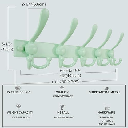 Coat Rack Wall Mount, Heavy Duty 12-Gauge Base vs Flimsy 1mm, Double-Thick Solid Anti-Snap Hooks, 16” Stud-Mount, Stainless Steel Hanger for Clothes Hat Entryway Closet, Green, Pack of 2 - color: Green, size: L=17" (2pcs)
