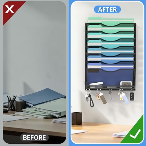 Gawerk Hanging Wall File Organizer with 5 Hooks - Wall Mounted Mail Paper Document Folder Holder, Sturdy Mesh Magazine Rack for Office Home (7+1 Tier) - size: 7+1 Tier