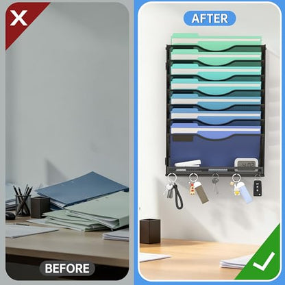 Gawerk Hanging Wall File Organizer with 5 Hooks - Wall Mounted Mail Paper Document Folder Holder, Sturdy Mesh Magazine Rack for Office Home (7+1 Tier) - size: 7+1 Tier