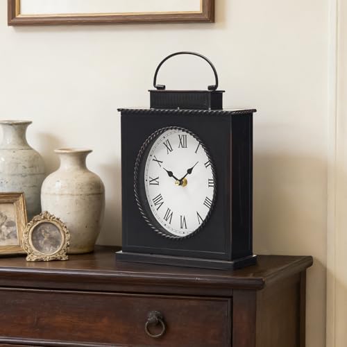 Vintage Mantel Clock, Large Rustic Distressed Metal Table Clock with Handle, Silent Non-Ticking Quartz Movement, Antique Brown Fireplace Shelf Desk Clock for Living Room Bedroom Office - style: Mantel Clock