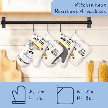 Oven Mitts and Pot Holders Sets,Cute Skeleton Thick Cotton Kitchen Oven Mitt Set,Funny Bake Waterproof Anti-Slip Silicone Mittens for Baking,Cute Cooking Utensils Set for Bakeries Barbecues - color: Cute Skeleton