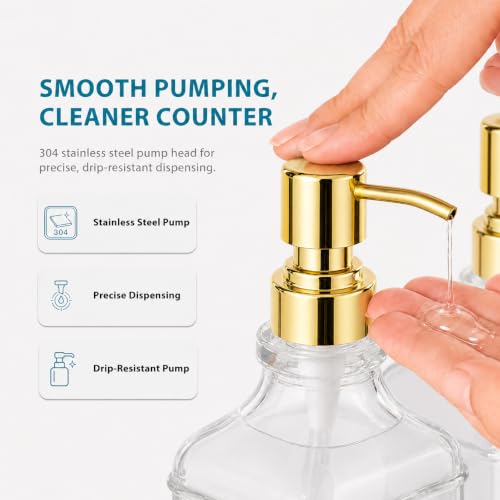 Clear Glass Soap Dispenser Set: Modunful 2 Pack 16.9oz Countertop Soap Dispenser with Bamboo Tray, Silicone Funnel & 60 Waterproof Stickers - for Kitchen Bathroom - color: Dm2647-gold