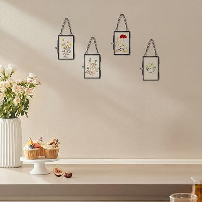 4 Pcs Pressed Flower Frame with Tweezers, Wall Hanging Tabletop Display Double Glass Frames with Metal Chain for Pressed Dried Flowers Plants, Horizontal and Vertical Picture Frame, Black, FRAMES ONLY - color: Balck-4