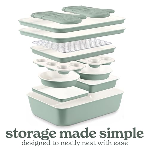 Country Kitchen Nonstick Stackable Bakeware Set - Deluxe Heavy Duty, Durable, Easy Release Baking Set, Sage, 13 Pcs with Handles