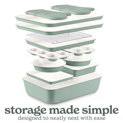 Country Kitchen Nonstick Stackable Bakeware Set - Deluxe Heavy Duty, Durable, Easy Release Baking Set, Sage, 13 Pcs with Handles