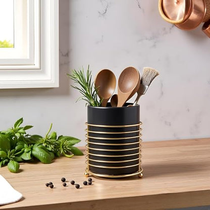 Dining Utensil Holder Cooking Utensil Holder,Gold Ring Metal Frame and Black Ceramics - color: Black Gold, size: XL