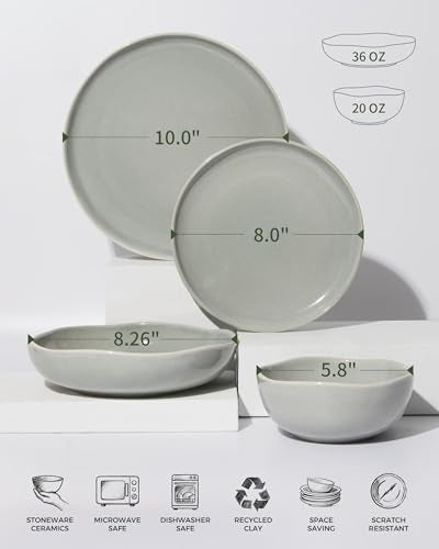 Ceramic Dinnerware Sets for 4, 16pcs Plates and Bowls Sets Dish Set | Stoneware Dishware sets, Microwave & Dishwasher Safe, Cereal Bowls and Dinner Plates Set, Stackable Dishes Set, Dusty Green - color: Dusty Green, size: Set (16pcs)