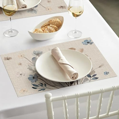 Artoid Mode Brown Poppy Floral Vinyl Spring Placemats Set of 6, Wipeable Plastic Woven PVC Table Mats for Party Kitchen Dining Decor, 12x18 Inch - size: 12" x 18", Rectangular Set of 6