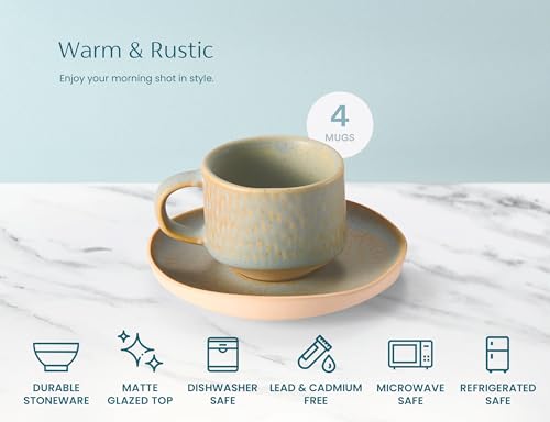 KooK Espresso Mug and Saucer Set, Ceramic Cups and Plates with Rustic Organic Shape and Feathered Texture, Dishwasher and Microwave Safe, 2.7 oz, Set of 4, Neutral Multicolor (2.7 Oz) - size: 2.7 Oz