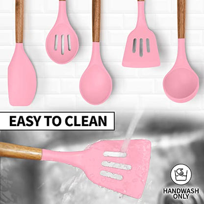 Zulay Kitchen 5 Piece Silicone Utensil Set | Non-Stick Silicone Cooking Utensils Set with Acacia Wood Handles - 464°F Heat Resistance Kitchen Utensils Set - Pink - color: Pink, size: 5-Piece Set