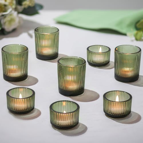 Hewory Glass Tealight Candle Holder: 8 PCS Green Votive Candle Holders Bulk | Ribbed, Vintage, Christmas Votive Candle Holders for Table Centerpiece, Wedding Party Decoration Bridal Showers Home Decor - color: Dark Green