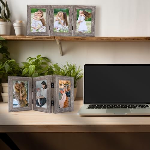 Golden State Art, 4x6 Triple Picture Frame Grey- Real Glass, 2 Pack | Trifold Photo Frame Vertical Display for Desktop - Three Folding Picture Collage - color: Gray, size: 4x6(2 Pack)