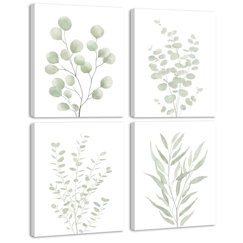 KUVIOKE Botanical Framed Boho Wall Art Bathroom Plants Wall Decor Green Sage Eucalyptus Leaf Prints Minimalist Aesthetic Ready to Hang Set of 4, 8x10 in (Framed) - color: Sage Plants - Standard, size: 8 x 10in x 4 Panels