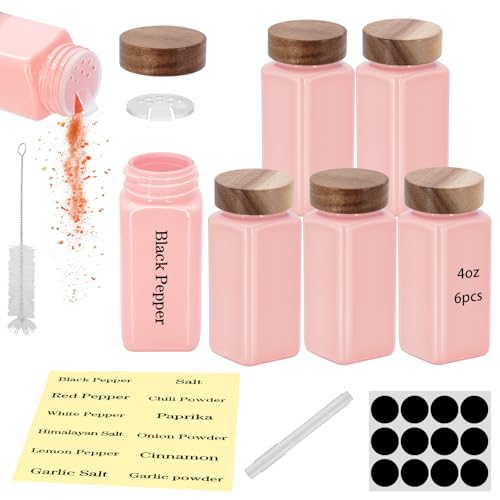 6Pcs 4 oz Square Glass Spice Jars with Label, Empty Spice Containers with Wooden Lids, Square Seasoning Containers and Supplement Set, Small Seasoning Bottles for Salt, Sugar, Pepper (Pink) - color: Pink