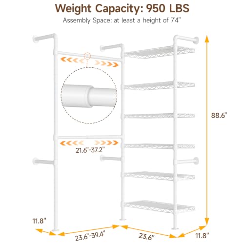 L2 Wall Mounted Closet System, Industrial Pipe Clothing Rack, White | Metal Clothes Rack with 2 Telescopic Rods & 6 Shelves, Heavy Duty Closet Organizers for Wardrobe, Reach-in & Walk-in Closets - color: White