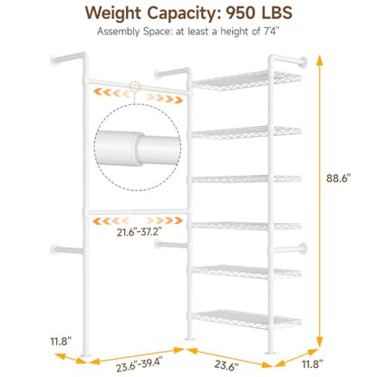 L2 Wall Mounted Closet System, Industrial Pipe Clothing Rack, White | Metal Clothes Rack with 2 Telescopic Rods & 6 Shelves, Heavy Duty Closet Organizers for Wardrobe, Reach-in & Walk-in Closets - color: White