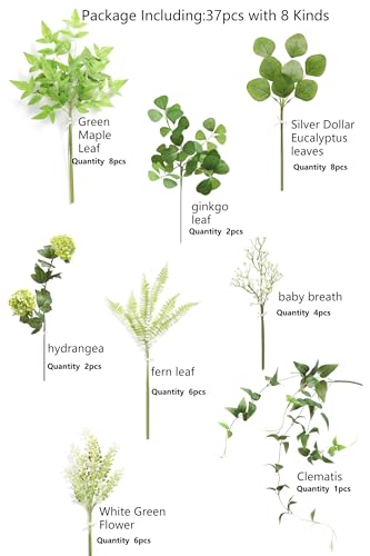 Serra Flora Artificial Greenery Stems Box Set,(Pack of 37pcs) with 8 Kinds of Faux Pink Green Filler for DIY Bridal Bouquets Wedding Floral Arrangement Table Centerpieces - color: Green