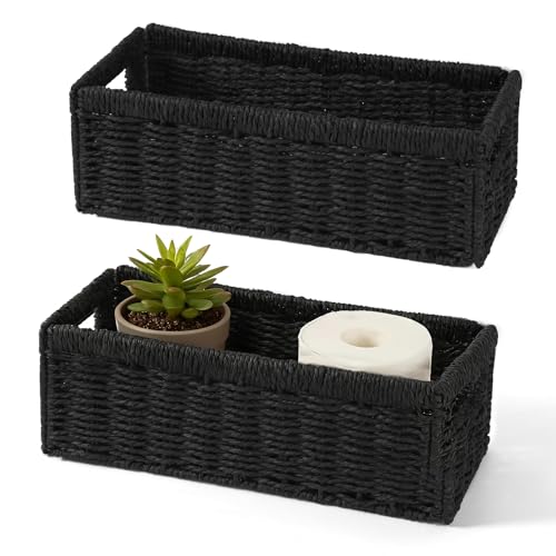 Paper Rope Storage Basket for Organizing, Set of 2 Foldable Wicker Storage Baskets with Handle,Decorative Large Storage Bins for Bathroom Countertop,Small Toilet Paper Basket for Toilet Tank Top - color: Black