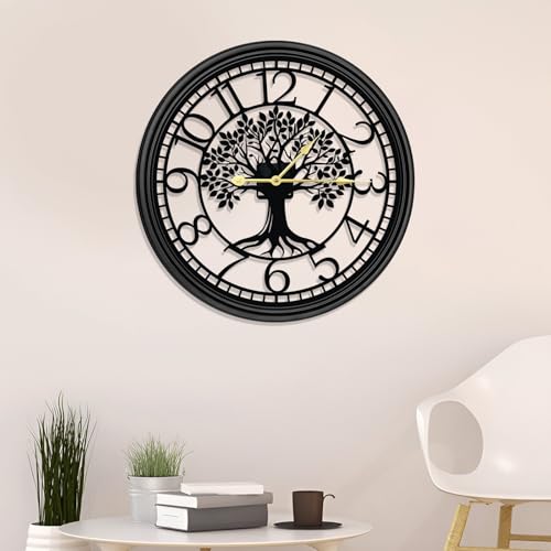 Big Wall Clock - Wall Clocks for Living Room Decor, Quiet and No Ticking Suitable for Wall Decor, Living Room Decoration, Kitchen Decoration - color: Black Tree of Life Concave Convex Border, size: 16in