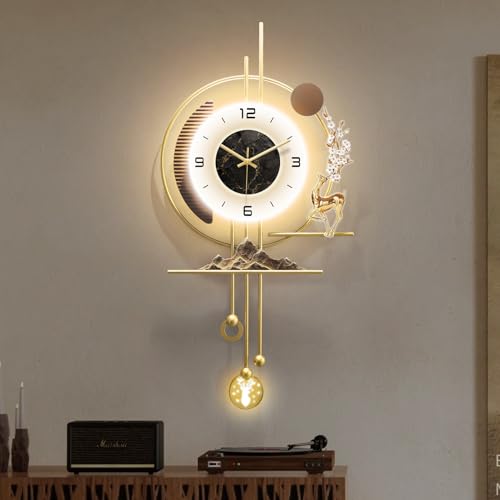 Modern Wall Clock for Living Room,Large Gold Decorative Wall Clock with light,Creative Silent Clock Battery Operated for Kitchen/Entryway/Bedroom/Office/Dinning Room Metal Wall Decor (15.7"Wx31.5L) - size: 31.5"Lx15.7"W