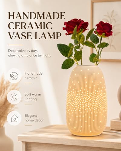 Ceramic Vase Table Lamp, 2700K Bulb & 3 Artificial Flowers Included | Handmade Openwork Craft - Inline Switch - E12 Socket - Starry 9.3" - style: Starry
