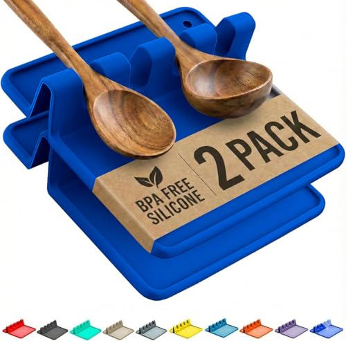 Cooler Kitchen Blue Silicone Spoon Rest for Stove Top with Drip Pad (Two Pack) - Heat Resistant BPA Free Utensil Rest & Spoon Holder for Kitchen Counter - Grill Utensil Holder - Spatula Holder - color: Royal Cobalt, size: Medium - 2 Packs