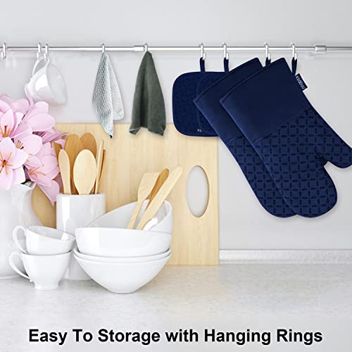 KEGOUU Oven Mitts and Pot Holders 6pcs Set, Kitchen Oven Glove High Heat Resistant 500 Degree Extra Long Oven Mitts and Potholder with Non-Slip Silicone Surface for Cooking(Marine Blue) - color: Marine Blue