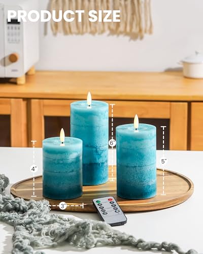 Stmarry Gradient Teal Flameless Candles with Remote and Timer, Real Wax Made LED Pillar Candles Battery Operated with 3D Flickering Flame - 3" x 4",5",6" - Set of 3 Turquoise Candles - color: Gradient Teal