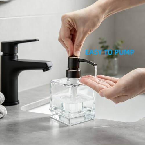Hand Soap Dispenser Square with Oil Rubbed Bronze Pump, 8.4 oz Liquid Clear Glass Soap Dispenser with Stainless Steel Pump for Dish Soap Bathroom Kitchen Vanity Countertop - color: Oil Rubbed Bronze, size: 8.4 oz