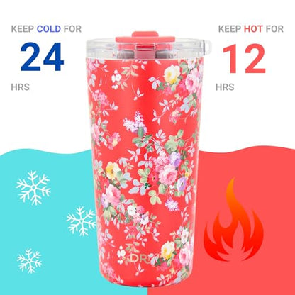 Drinco - 20 oz Stainless Steel Tumbler | Double Walled Vacuum Insulated Mug With Lid, 2 Straws, For Hot & Cold Drinks (20oz Peony Floral) - color: 20oz Peony Floral