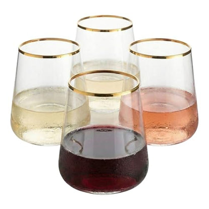 RAKLE Avantgarde Stemless Wine Glasses Set of 4, 14.3oz Gold Rimmed Drinking Tumblers for Red White Rose Wine and Cocktails, Lead-Free Durable Dishwasher Safe Glassware, Elegant Gold Accented Design - color: Gold-rimmed stemless