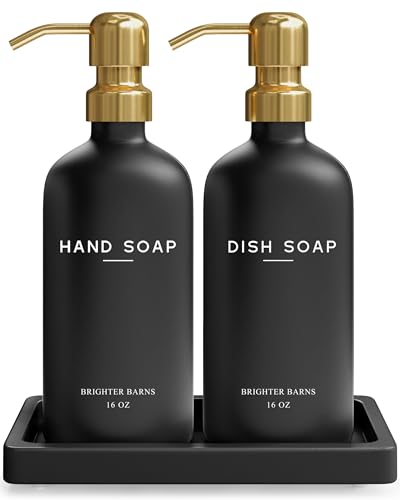 Luxury Glass Hand and Dish Soap Dispenser Set by Brighter Barns - Black and Gold Soap Dispenser Set for Kitchen Sink - Modern Kitchen Decor and Accessories for Restaurant, Airbnb, Gift (Black/Gold) - color: Black/Gold Hd