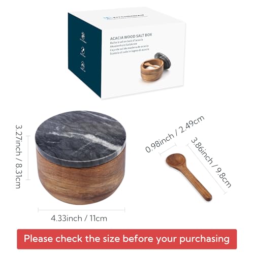 KITCHENDAO Large Acacia Salt Cellar Box Bowl with Built-in Spoon and Marble Lid, Solid Natural Acacia Wood Bath Sea Salt Container, Black Marble Lid, Pepper Sealer Pinch Bowl, 10oz Capacity - color: Black
