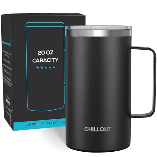 CHILLOUT LIFE Stainless Steel 20 oz Vacuum Insulated Coffee Mug with Handle and Lid, Large Thermal Camping Coffee Mug Cup with Durable Sliding Lid for Men & Women, Keeps your Beverages Hot/Cold - color: Black, size: 20 Ounces
