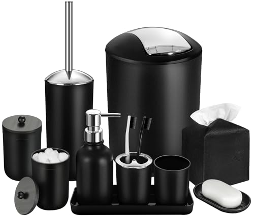 Black Bathroom Accessories Set, 10Pcs Bathroom Accessory Set with Trash Can, Soap Dispenser and Toothbrush Holder, Soap Dish, Cotton Ball & Qtip Holder, Toilet Brush Holder, Tissue Box Cover - color: Black+silver, size: 10Pcs Bathroom Set