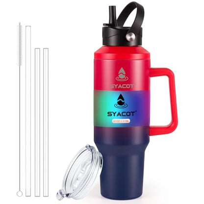 40 oz Tumbler with Handle and Straw or Convert to 40 oz Insulated Water Bottle Fits in Cup Holder. Stainless Steel Metal Water Flask with 2 Lids for Travel,Camping,Gym Sports Coffee Mug Thermal Cup - color: Ruby Red Navy